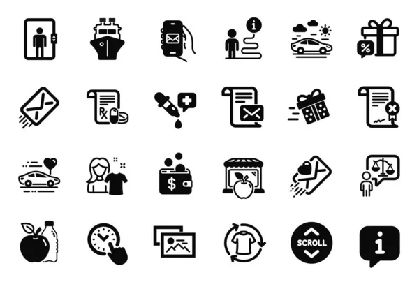 Vector Set of Business icons related to E-mail, Ship and Medical prescription icons. Honeymoon travel, Time management and Elevator signs. Love letter, Sale gift and Market. Photo album. Vector