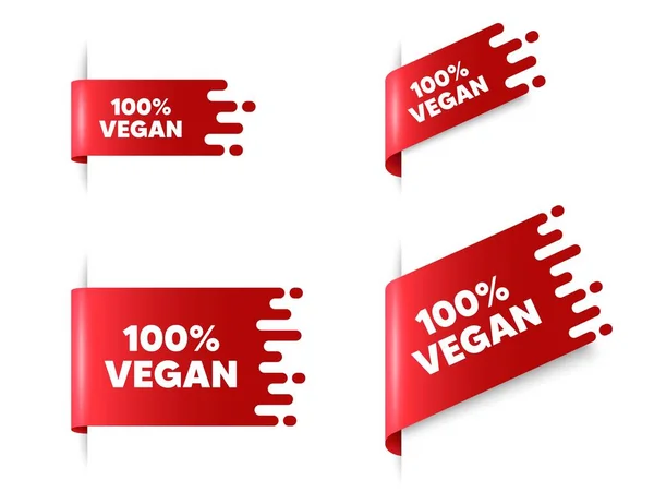 100 Percent Vegan Text Red Ribbon Tag Banners Set Organic — Stock Vector