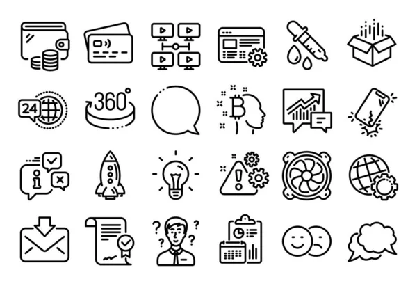 Vector set of Rocket, Like and Speech bubble line icons set. Calendar report, Money wallet and Credit card tag. Open box, Approved agreement and Warning icons. Vector