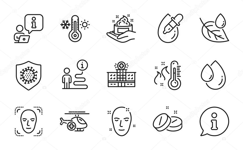 Healthcare icons set. Included icon as Skin care, Face detection, Medical helicopter signs. Medical tablet, Coronavirus, Thermometer symbols. Hospital building, Leaf dew, High thermometer. Vector