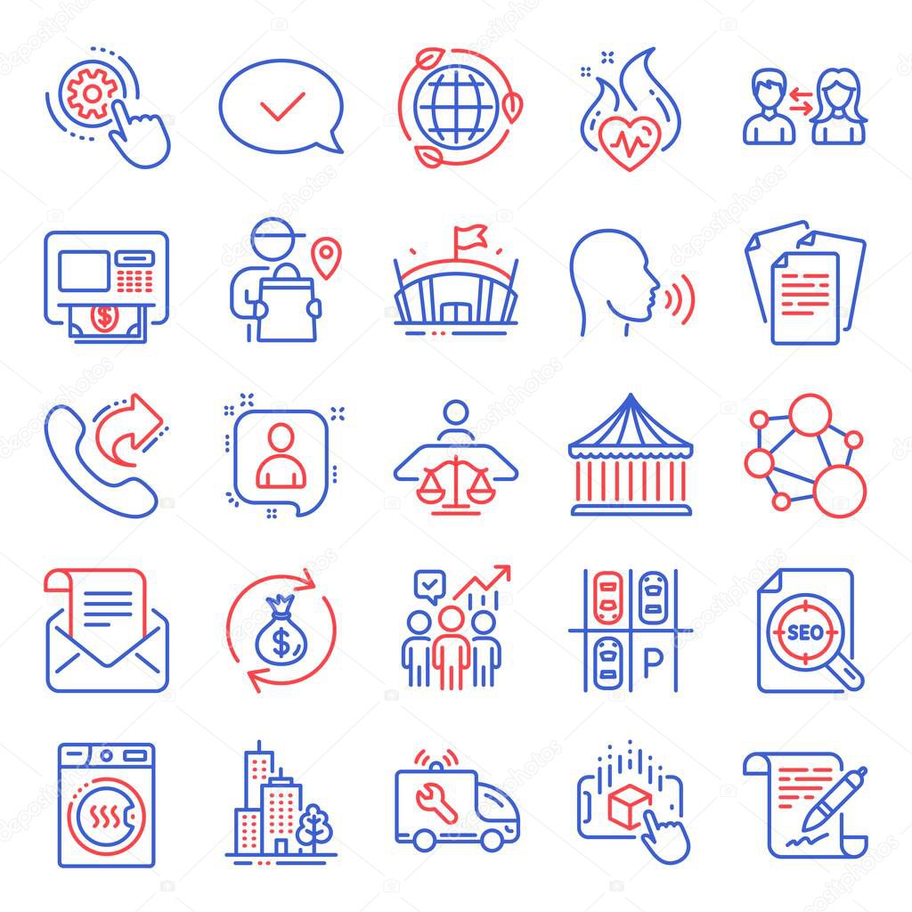 Business icons set. Included icon as Agreement document, People communication, Share call signs. Dryer machine, Integrity, Mail newsletter symbols. Augmented reality, Documents, Arena. Atm. Vector