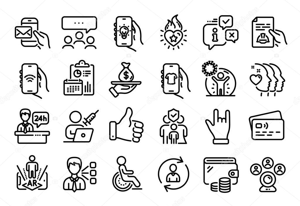 Vector set of Augmented reality, Vaccination appointment and Video conference line icons set. Calendar report, Money wallet and Credit card tag. Like hand, Meeting and Family insurance icons. Vector