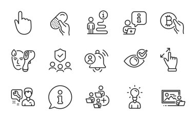 İnsan simgeleri ayarlandı. Denetim Gözü olarak simge, Kullanıcı Bildirimi, Kapsül hap işaretleri dahil. Fotoğraf stüdyosu, halk sigortası, tamirci sembolleri. Bitcoin ödemesi, elektronik termometre, el tıklama. Vektör