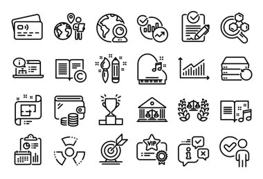 Piyano seti, saray binası ve kazanan podyum çizgisi simgeleri ayarlandı. Takvim raporu, para cüzdanı ve kredi kartı etiketi. Dış kaynak işi, Grafik ve Adalet Ölçekleri simgeleri. Vektör