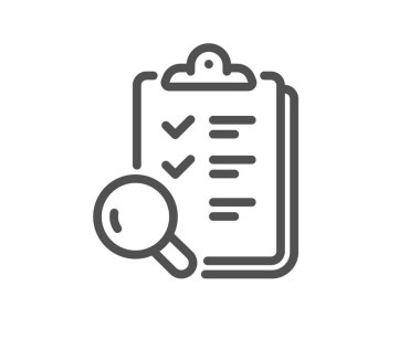 Satır simgesini incele. Kaliteli araştırma işareti. Doğrulama listesi sembolü. Kalite tasarım elemanı. Satır biçimi denetleme simgesi. Düzenlenebilir felç. Vektör