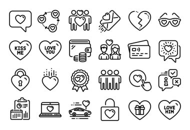 Kırık Kalp 'in vektör seti, onu ve Friends sohbet hattı simgeleri ayarlandı. Takvim raporu, para cüzdanı ve kredi kartı etiketi. Heart, Kiss me and Love harf simgeleri. Vektör