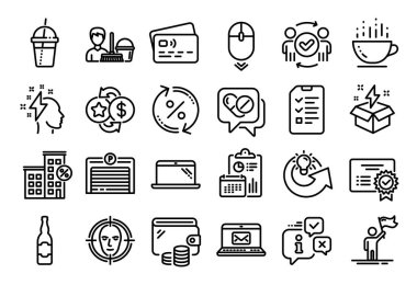 Kredi evi vektör seti, onaylanmış takım çalışması ve tıbbi uyuşturucu hattı ikonları ayarlandı. Takvim raporu, para cüzdanı ve kredi kartı etiketi. Beyin fırtınası, otopark ve kahve kokteyli ikonları. Vektör