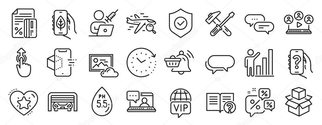 Set of Technology icons, such as Parking garage, Messenger, Swipe up icons. Video conference, Ph neutral, Ecology app signs. Help app, Notification cart, Friends chat. Search flight, Help. Vector