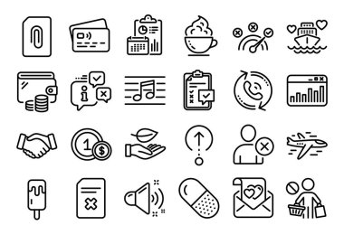 Balayı seyahatinin vektör seti, aşk mektubu ve pazarlama istatistik çizgisi simgeleri ayarlandı. Takvim raporu, para cüzdanı ve kredi kartı etiketi. Dondurma, Silete dosyası ve nota simgeleri. Vektör