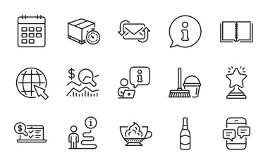 Satır simgeleri ayarlandı. Kova şeklinde bir ikon, paspas, bira şişesi, telefon mesajları. Kitap, Espresso kremi, teslimat zamanlayıcı sembolleri. Çevrimiçi muhasebe, İnternet, Kazanan. Takvim çizgisi simgeleri. Vektör