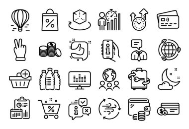 Eko enerjili vektör seti, alışveriş torbası ve Gece Hava Çizgisi simgeleri ayarlandı. Takvim raporu, para cüzdanı ve kredi kartı etiketi. Küresel iş, Artırılmış gerçeklik ve Ödeme metodu simgeleri. Vektör