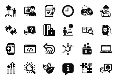 360 derecelik Not Defteri ve Arama Kitabı simgeleriyle ilişkili Vektör Teknoloji Simgeleri Kümesi. Yıldızlar, Seo yazıları ve arama işaretleri. Sunum kurulu, kimyasal formül ve Bitcoin. Yenile. Vektör
