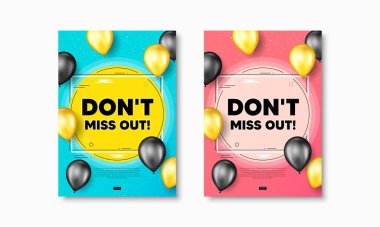Mesajı kaçırma. Gerçekçi balon kapaklı broşürler. Özel fiyat tabelası. Reklam indirimleri sembolü. Poster afişlerini kaçırdınız. Balonlar korunuyor. Vektör