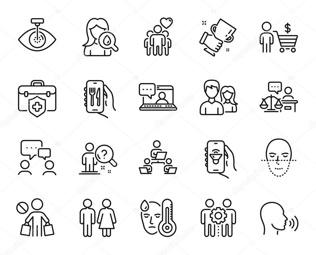 Vector set of Couple, Buyer and Court judge line icons set. Stop shopping, Teamwork and Search employee icons. Friends chat, Restaurant app and Face recognition signs. Couple web symbol. Vector