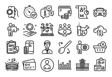 Vector set of Spanner, Cloud sync ve Covid uygulama çizgisi simgeleri ayarlandı. Takvim raporu, para cüzdanı ve kredi kartı etiketi. Buluşma, Hızlı Doğrulama ve Avatar simgeleri. Vektör