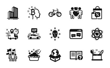Sanal para kümesi, gökdelen binaları ve satış torbaları basit simgeler. Ekspres teslimat, teslimat servisi ve Vip transfer simgeleri. Yüz biyometrisi, yardım ve bisiklet işaretleri. Vektör