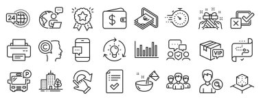 Sıralama yıldızı, Cash, Smartphone mesaj simgeleri gibi iş simgeleri. Yazar, rotasyon jesti, insanların işaretlerini araştır. Zamanlayıcı, artırılmış gerçeklik, otobüs parkı. Bar diyagramı, Vip paketi. Vektör