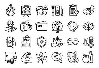 Öksürük, hasta geçmişi ve pandemik aşı çizgisi simgeleri belirlendi. Takvim raporu, para cüzdanı ve kredi kartı etiketi. Vektör