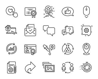 Çalışma Akışı vektör kümesi, onaylanmış posta ve Zamanlayıcı satır simgeleri ayarlandı. Fotoğraf albümü, parşömen aşağı ve çark simgeleri. Seo sertifikası, iş yeri ve geri bildirim tabelaları. Workflow web sembolü. Vektör