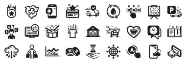 Ulaştırma sigortası, su doldurma, kamyon park etme ikonları gibi iş simgeleri. Tasarruf, yemek tarifi kitabı, akıllı telefon bulut işaretleri. Ticari bilgi tablosu, davullar, tıbbi telefon. Kuru tişört. Vektör