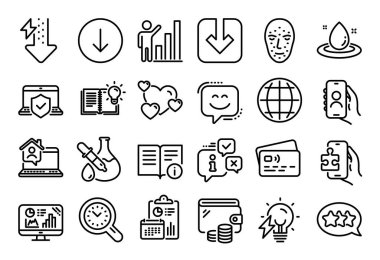 Grafik grafiği, kalp ve teknik bilgi satırı simgelerinin vektör kümesi ayarlandı. Takvim raporu, para cüzdanı ve kredi kartı etiketi. Elektrik ampulü, yıldızlar ve bulmaca oyun ikonları. Vektör