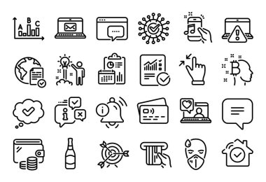 Kredi kartı vektör seti, Seo mesajı ve hedef satır simgeleri ayarlandı. Takvim raporu, para cüzdanı ve kredi kartı etiketi. Çevrimiçi oylama, e-posta ve müzik telefon simgeleri. Vektör