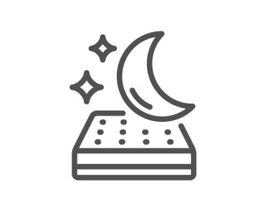 Yatak hattı simgesi. Gece uykusu istirahat tabelası. Ay sembolü. Kalite tasarım elemanı. Doğrusal stil yatak simgesi. Düzenlenebilir felç. Vektör