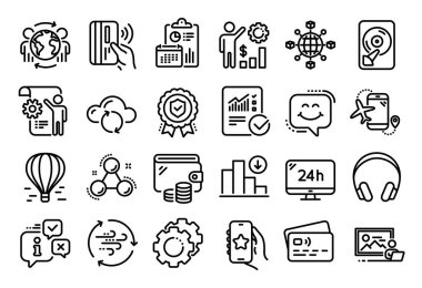 Vector set of Settings vites, Ayarlar şablonu ve kulaklık hattı simgeleri ayarlandı. Takvim raporu, para cüzdanı ve kredi kartı etiketi. Favori uygulama, Bulut senkronizasyonu ve azalan grafik simgeleri. Vektör