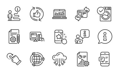 Teknoloji simgeleri ayarlandı. Yıldız derecelendirme simgesi, çevrimiçi ödeme, Smartphone uyarı levhası. Web analizi, çamaşır makinesi sembolleri gibi tazele. Rapor, Eko Enerji, Belgelendirme. Vektör