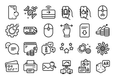 Artırılmış gerçekliğin vektör kümesi, Metin iletisi ve Gears satır simgeleri ayarlandı. Takvim raporu, para cüzdanı ve kredi kartı etiketi. Temassız ödeme, Yıldızlar ve Dosya simgeleri. Vektör
