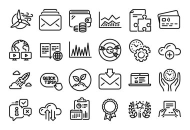 Başlangıç roketi vektör kümesi, güvenli zaman ve Bulut hesaplama çizgisi simgeleri ayarlandı. Takvim raporu, para cüzdanı ve kredi kartı etiketi. Hedef alınıyor, Çizgi Grafiği ve Başlangıç simgeleri. Vektör