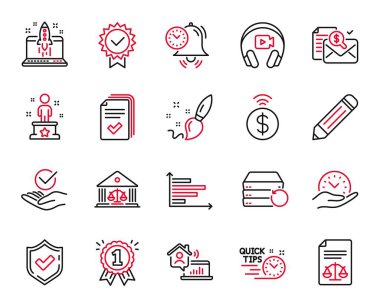 Kalem, Başarı ve Zaman yönetim simgeleriyle ilgili Eğitim ikonlarının vektör kümesi. Kurtarma sunucusu, iş yeri ve onaylanmış tabelalar. Onaylandı, mahkeme binası ve yatay çizelge. Güvenli zaman. Vektör