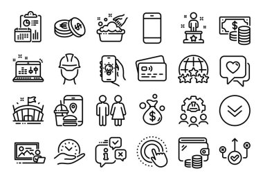 Coins banknotlarının vektör seti, fotoğraf stüdyosu ve Heart Line simgeleri ayarlandı. Takvim raporu, para cüzdanı ve kredi kartı etiketi. Güvenli zaman, el yıkama ve mühendislik takımının simgeleri. Vektör