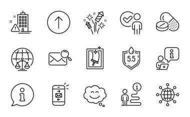 İş simgeleri ayarlandı. Havai fişek roketi, kaydırma, gülümseme sohbet işaretleri gibi ikonlar da dahil. Pencere temizleme, Ph nötr, doğrulama insan sembolleri. Arama postası, bina uyarısı, posta hattı simgeleri. Vektör