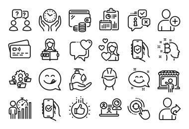 Yıkama ellerinin vektör seti, takım çalışması soruları ve kadın satır simgeleri seti. Takvim raporu, para cüzdanı ve kredi kartı etiketi. Gülümseyin, Kalp ve İş İstatistikleri ikonları. Vektör