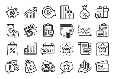 Grafik tablosu, Ödeme kartı ve İndirim takvim çizelgesi simgelerinin vektör kümesi ayarlandı. Takvim raporu, para cüzdanı ve kredi kartı etiketi. Vip bileti, engelli kart ve hediye ikonları. Vektör