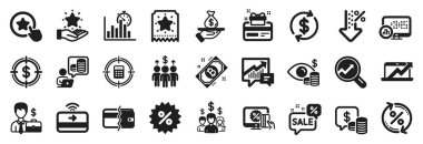 Sadakat bileti, kredi, istatistik simgeleri gibi bir dizi finans simgesi. Kredi yüzdesi, sadakat yıldızı, hesap makinesi hedef işaretleri. İndirim balonu, maaşlı çalışanlar, dolar değişimi. Bozukluklar. Vektör