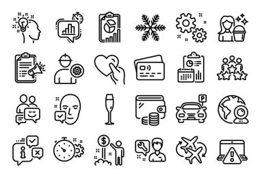 Şampanya kadehi vektör seti, Heart and Business toplantı hattı simgeleri ayarlandı. Takvim raporu, para cüzdanı ve kredi kartı etiketi. Mühendis, Cogwheel zamanlayıcı ve iş simgeleri. Vektör