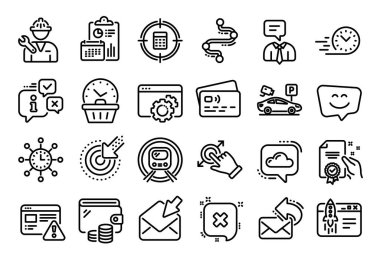 Zaman çizelgesi vektör kümesi, hedefleme ve park yeri güvenlik çizgisi simgeleri ayarlandı. Takvim raporu, para cüzdanı ve kredi kartı etiketi. Tamirci, postayı paylaş ve iş simgelerini başlat. Vektör