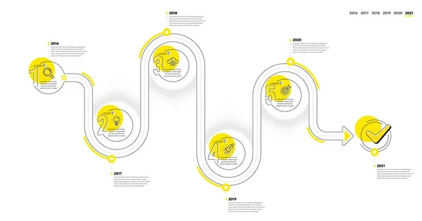 业务信息图表时间表5个步骤 旅程路径工作流信息图形 工作流程图与研究理念 创业火箭和目标线图标 — 图库矢量图片