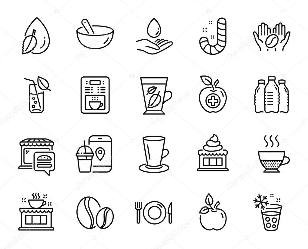 Vector set of Water care, Coffee maker and Medical food line icons set. Candy, Water glass and Food icons. Coffee, Ice maker and Teacup signs. Ice cream, Cooking mix and Mint leaves. Doppio. Vector