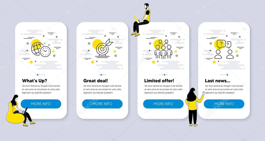 Vector Set of Education icons related to Target goal, Group people and Time management icons. UI phone app screens with people. Teamwork questions line symbols. Vector