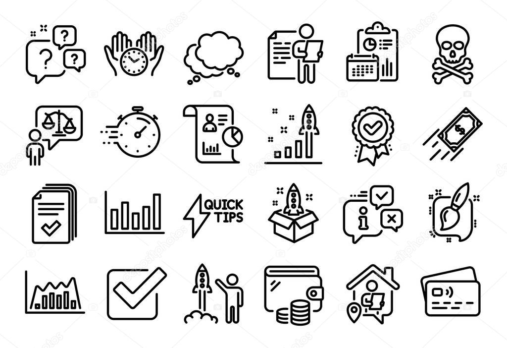 Vector set of Painting brush, Column chart and Development plan line icons set. Calendar report, Money wallet and Credit card tag. Quickstart guide, Speech bubble and Timer icons. Vector