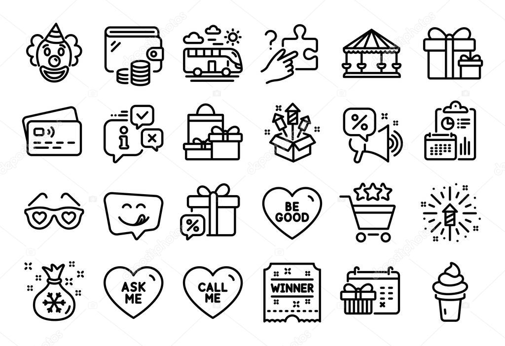 Vector set of Yummy smile, Winner ticket and Ask me line icons set. Calendar report, Money wallet and Credit card tag. Sale gift, Fireworks rocket and Shopping rating icons. Vector