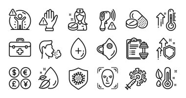 Elektronik termometre, tıbbi ilaçlar ve Dumbbell hat ikonları ayarlandı. Koruma kalkanı ve para değişimi. Tıbbi maske, yüz tanıma ve yağ serumu simgeleri. Vektör