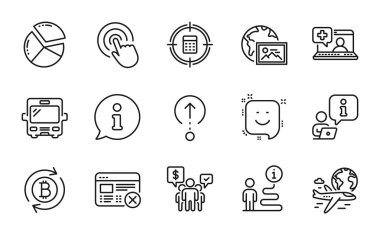 Teknoloji simgeleri ayarlandı. Gülme ikonu, Bitcoin tazeleme, tabela asma. Takım çalışması, web fotoğrafı, tıbbi yardım sembolleri. Uluslararası uçuş, Reddet Ağı, Turta Çizelgesi. Otobüs, Click. Vektör