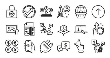 Kaydır, dokunmatik ekran jesti ve çevrimiçi oylama çizgisi simgeleri ayarlandı. Koruma kalkanı ve para değişimi. Denetim, Bitcoin projesi ve video konferans simgeleri. Vektör