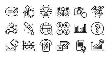 Kimya DNA 'sı, soru işareti ve mesaj çizgisi simgeleri ayarlandı. Koruma kalkanı ve para değişimi. Kimya pipeti, kupa ve 5G istatistik simgeleri. Nokta arsası, sıralama ve sertifika işaretleri. Vektör
