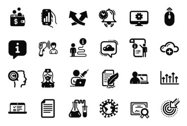 Elektronik termometre, sertifika ve koronavirüs simgeleriyle ilgili vektör bilim simgeleri kümesi. Büyüme tablosu, aşı randevusu ve tabelalar. Kimya laboratuvarı, monitör ayarları. Vektör