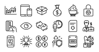 Ödeme kartı, finansal şema ve SSSD hat simgeleri ayarlandı. Koruma kalkanı ve para değişimi. Açık kutu, şifre şifreleme ve naneli torba simgeleri. Kupa, para çantası ve tazeleme tabelaları. Vektör